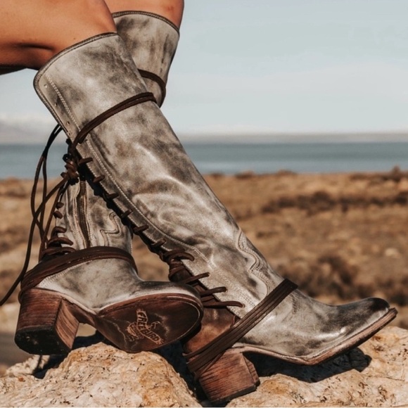 Freebird by Steven Coal Lace Up Wrap Tie Tall High Chunky Block Leather Boot 8 - Picture 1 of 11